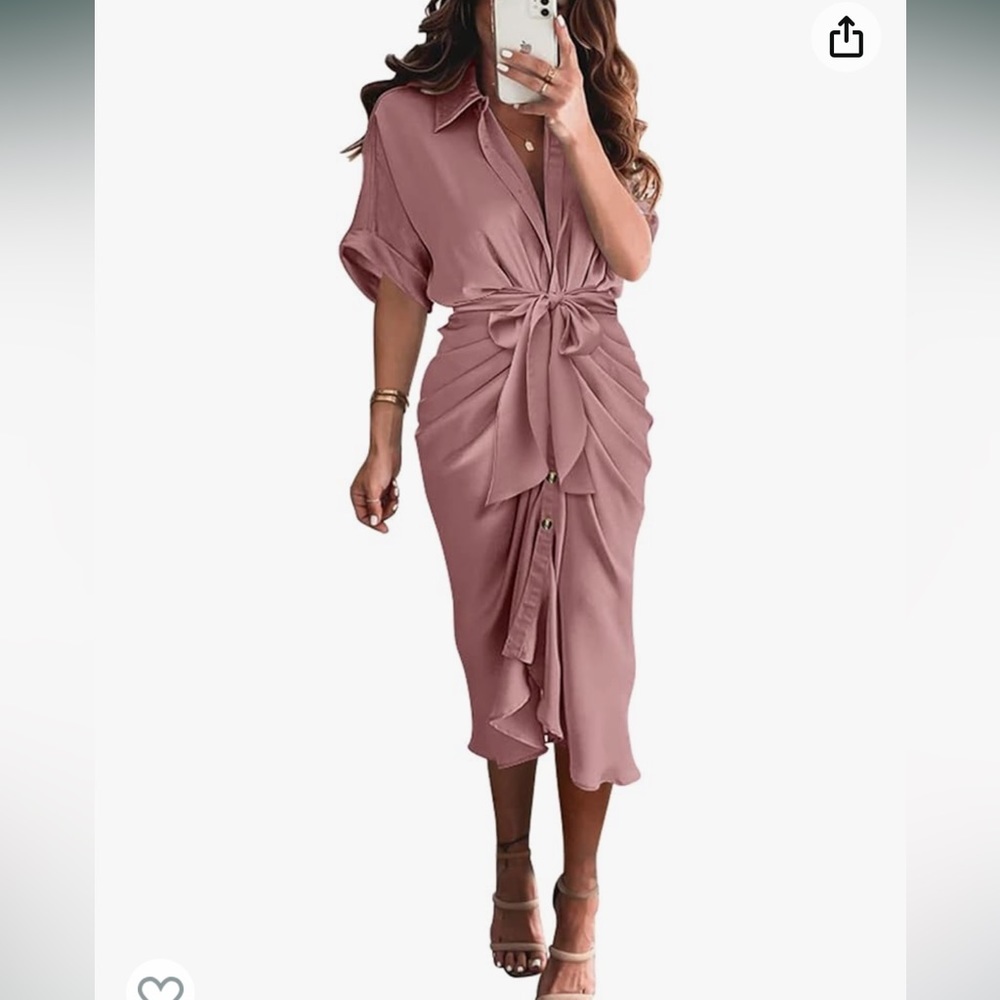 Amazon Button Down Ruched Short Sleeve Pink Shirt Dress, NWOT